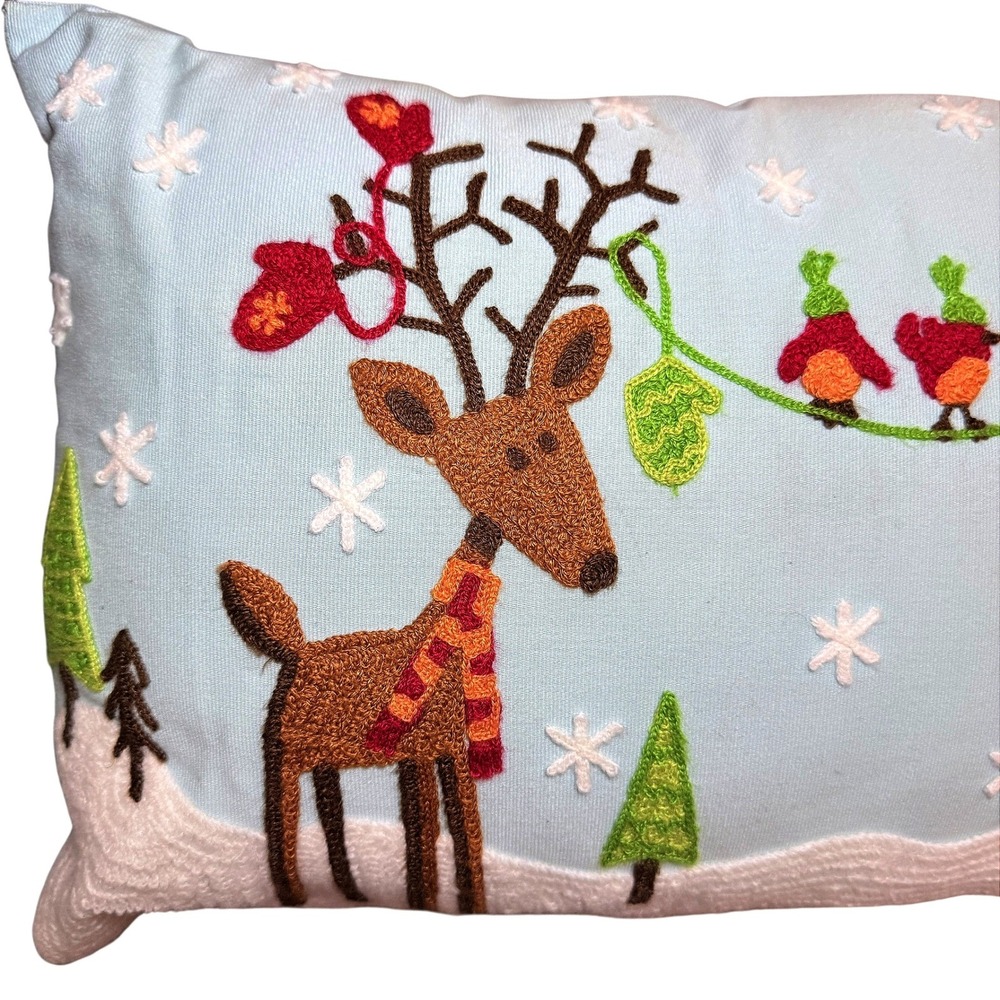 Pier 1 Embroidered Reindeer Birds Christmas Decorative Pillow Light Blue Festive - Picture 2 of 11